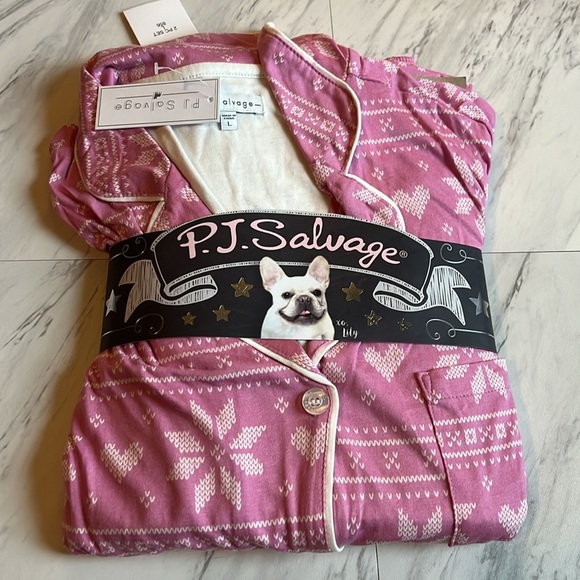 Pj Salvage heart snowflake mauve link long sleeve pajama set bottom down top L - Picture 3 of 6